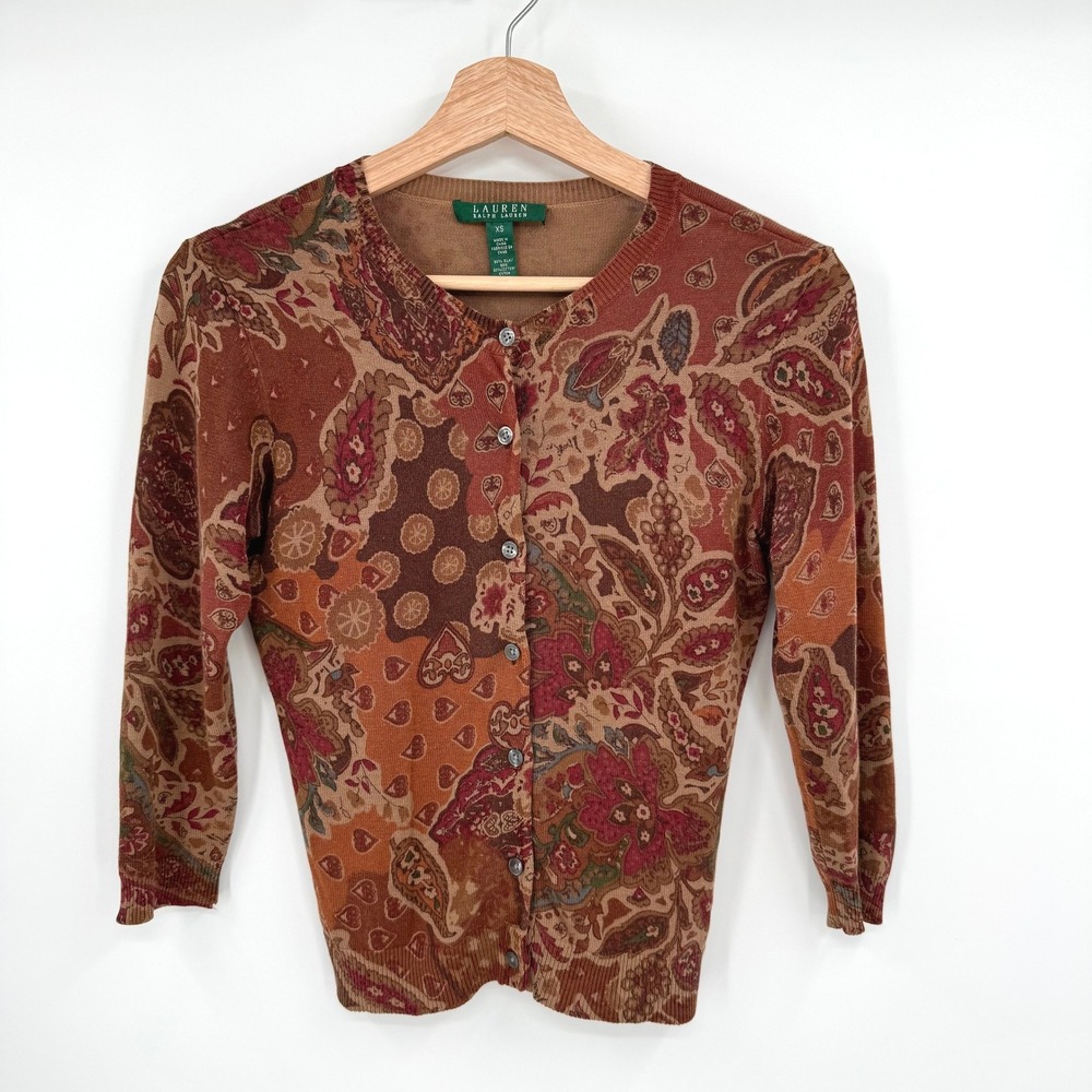 Lauren Ralph Lauren Silk Cotton Paisley Button Front Cardigan Rust Terracotta XS